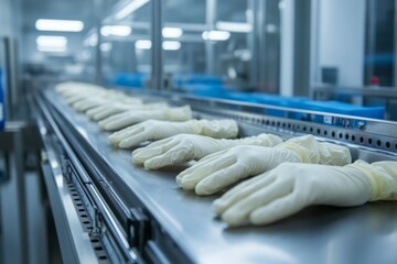 Latex gloves moving on a conveyor belt in a sterile factory setting