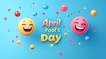 Fototapeta premium April Fool's Day celebration with laughing emojis, colorful confetti, and playful typography on a bright blue background
