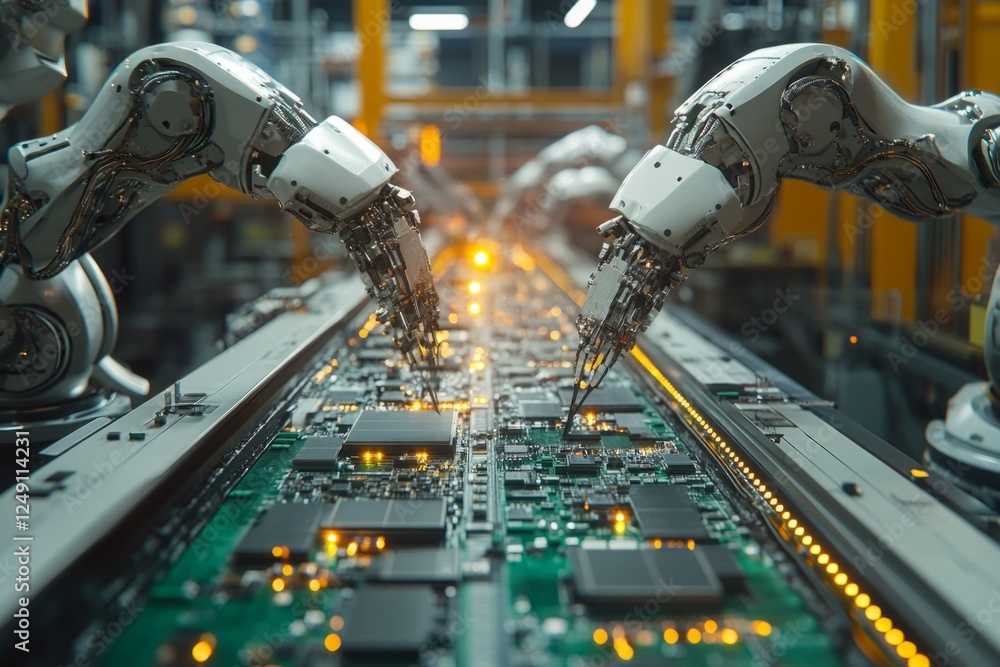 Poster automated robots assembling electronic circuits on a production line