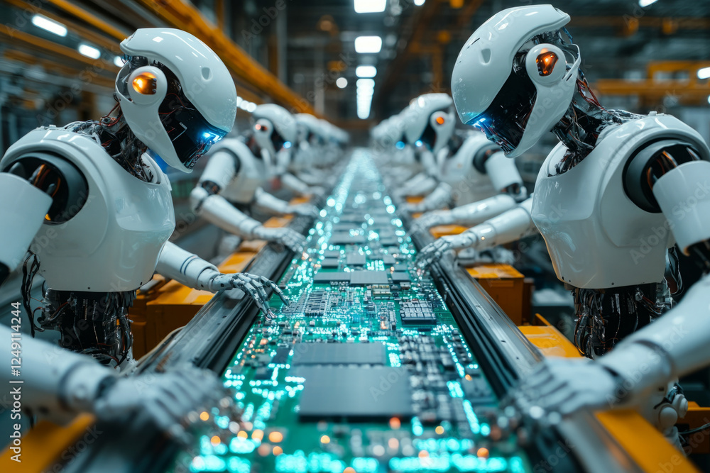 Aufkleber robots efficiently assembling circuit boards on a production line