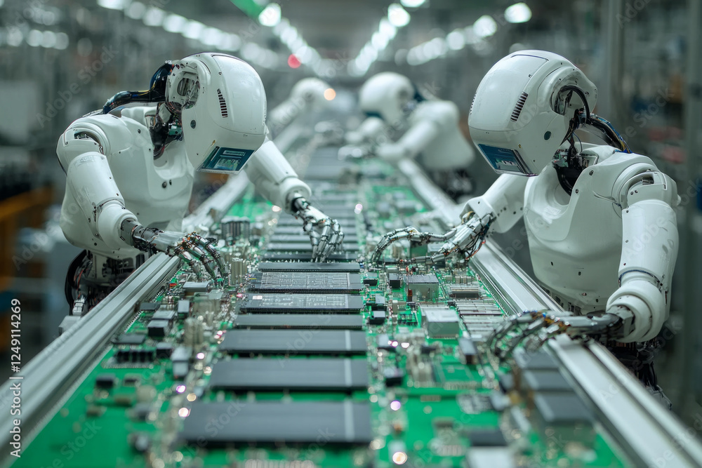 Poster robots efficiently assembling circuit boards in a high-tech factory