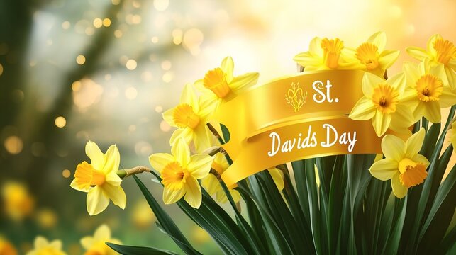 St. David's Day celebration with vibrant yellow daffodils and a golden ribbon banner in a glowing spring atmosphere