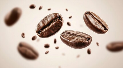 Falling realistic coffee beans isolated on a transparent background, with a focus on natural texture and depth.