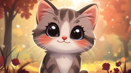 Obraz premium Cute cartoon kitten with big eyes in a warm autumn forest
