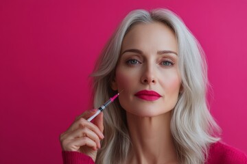 Obraz premium Confident woman with syringe contemplating beauty enhancement