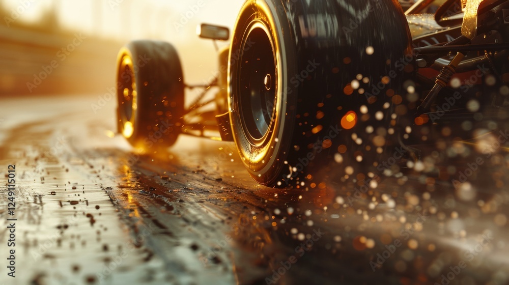 Poster a high performance racing car accelerates on a wet track during sunset, sending up sprays of water w