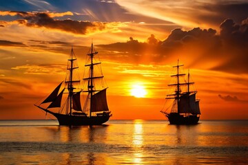 Obraz premium Minimalist Silhouette of Sailing Ships at Sunset - Ocean Landscape Stock Photo