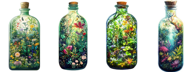 Fototapeta premium A collection of beautiful glass bottles filled with vibrant miniature gardens, showcasing diverse plants, flowers, and inspiring natural beauty. PNG transparent