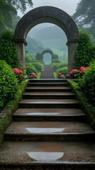 Naklejka premium Stone Steps Leading To Archway In Garden Under Mist