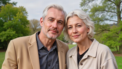 Elderly couple sharing warmth in serene park setting, love and connection