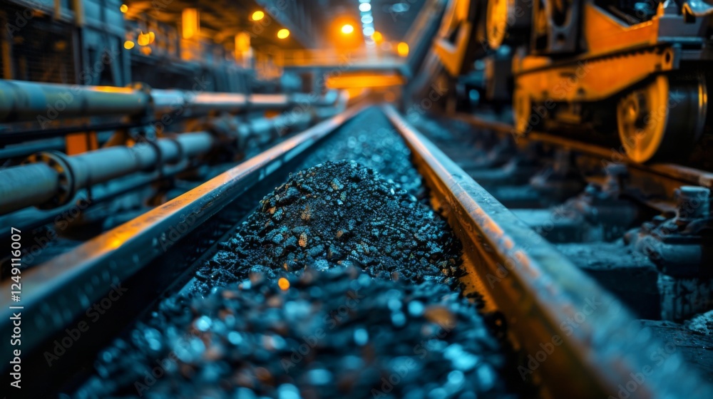 Poster coal is being moved along railway tracks inside an underground mine, illuminated by artificial light