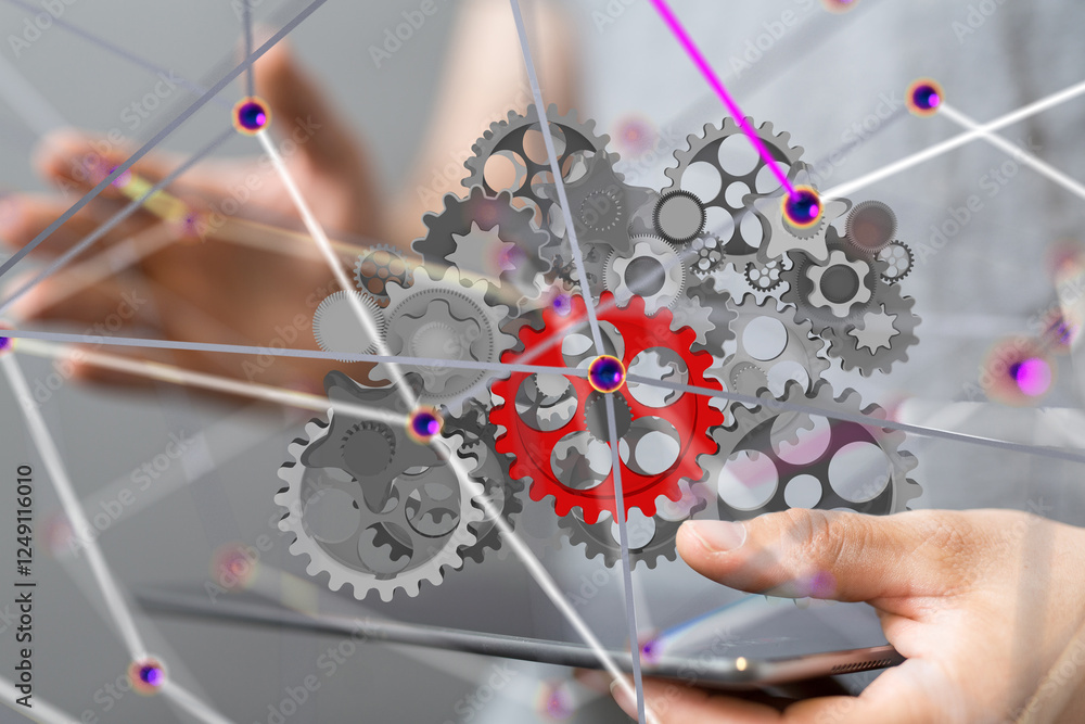 Poster gear system data. Connecting lines and dots.Big data visualization  - 3d