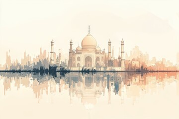 Fototapeta premium Taj Mahal reflected in water, city skyline.