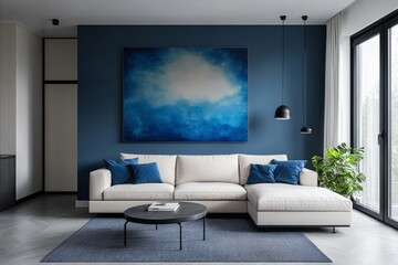 Stylish living room featuring a large blue painting and contemporary furniture