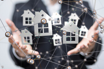 home iot - Neural network 3D illustration. Big data and cybersecurity
