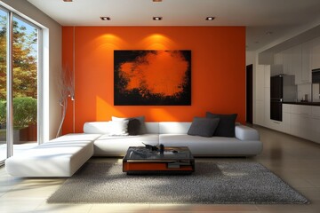 Stylish living room featuring a striking orange wall and contemporary decor