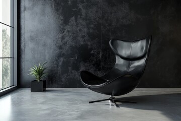 Sleek black chair beside a potted plant in a minimalist room