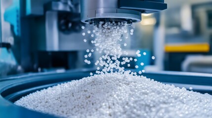 Plastic pellets pour into machinery for manufacturing processes in a production facility
