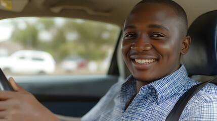 Smiling African male student learns to drive in a driving school during outdoor training session