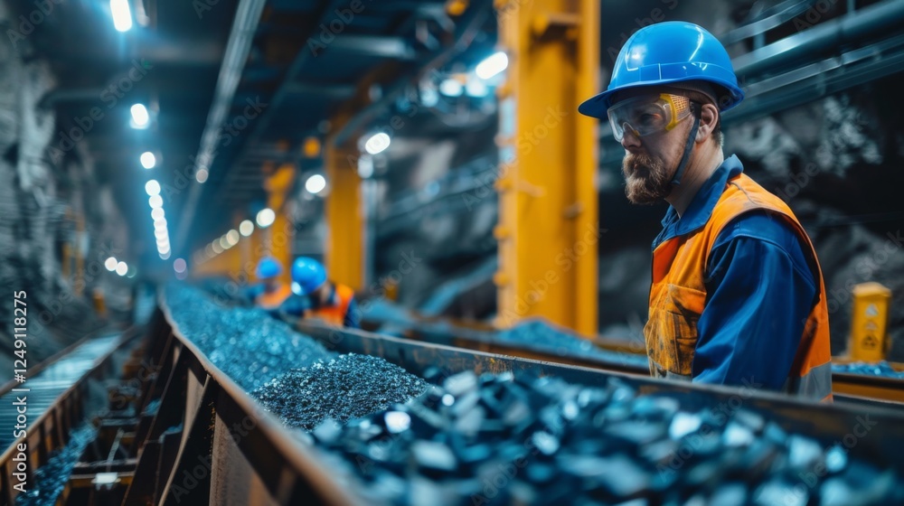 Poster miners wearing helmets and safety gear watch over coal being transported through a narrow rail syste
