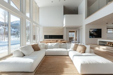 Spacious living room featuring a white sectional and scenic snowy backdrop
