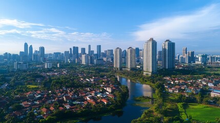 Obraz premium Aerial view of a city skyline with skyscrapers, residential areas, and a river.