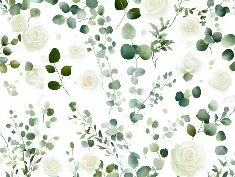 White roses, eucalyptus pattern, floral design, wedding stationery, background