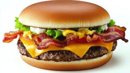 Delicious bacon cheeseburger, studio shot, white background