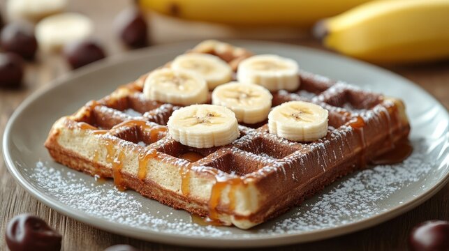 Delicious waffle topped with banana slices and caramel.