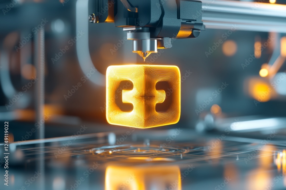 Poster a simple, clean icon of a 3d printer printing a cube, symbolizing additive manufacturing