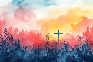 Obraz premium A Serene Watercolor Landscape Featuring A Cross Amid Colorful, Soft Clouds, Evoking A Sense Of Peace And Spirituality.