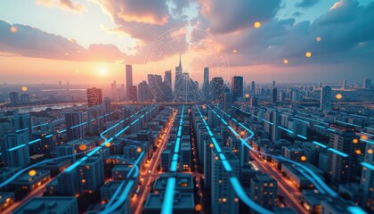 Futuristic Cityscape at Sunset: Neon Lights and Digital Devices Illuminate Modern Urban Nightscapes