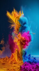 Holi's colors scatter on a bright blue background and mix. Abstract Bright Background of Holi Festival