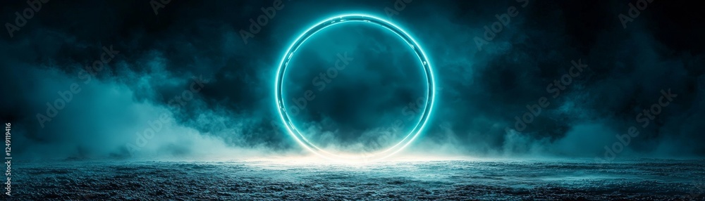 Poster a glowing blue circle hovers above a misty landscape, creating an ethereal atmosphere with dark clou