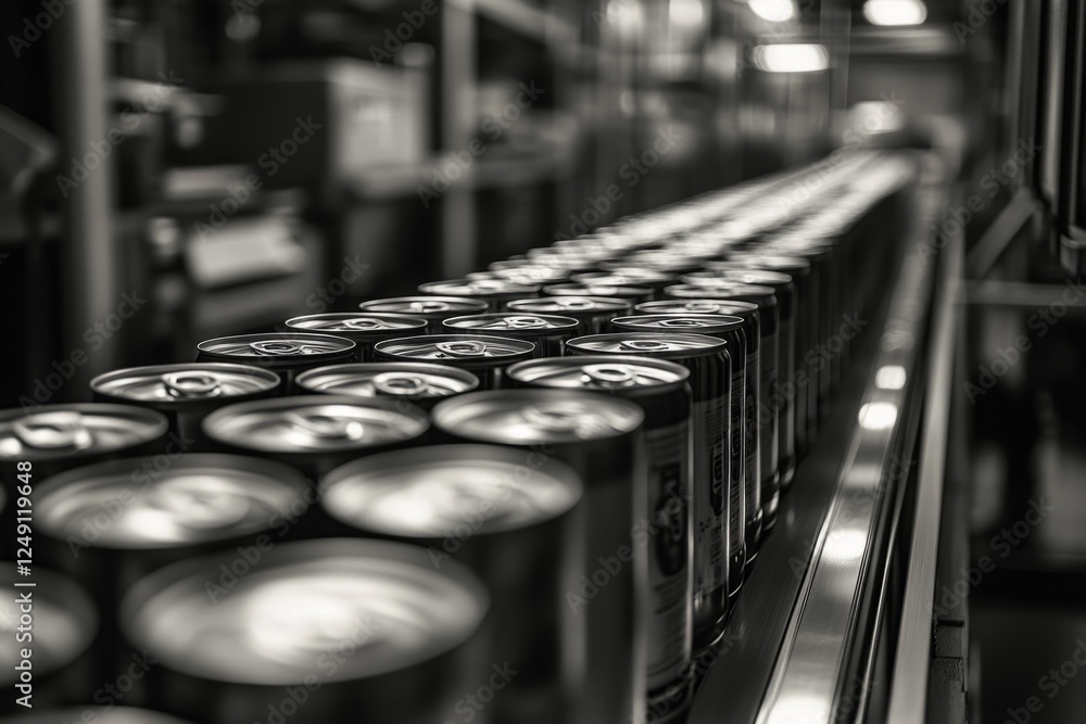 Aufkleber cans neatly aligned on a conveyor in a factory setting