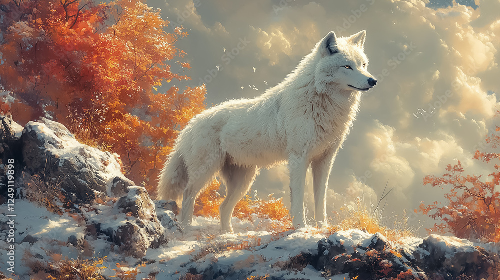 Poster a snow-covered wolf stands proudly in a pristine forest. the setting features colorful autumn foliag