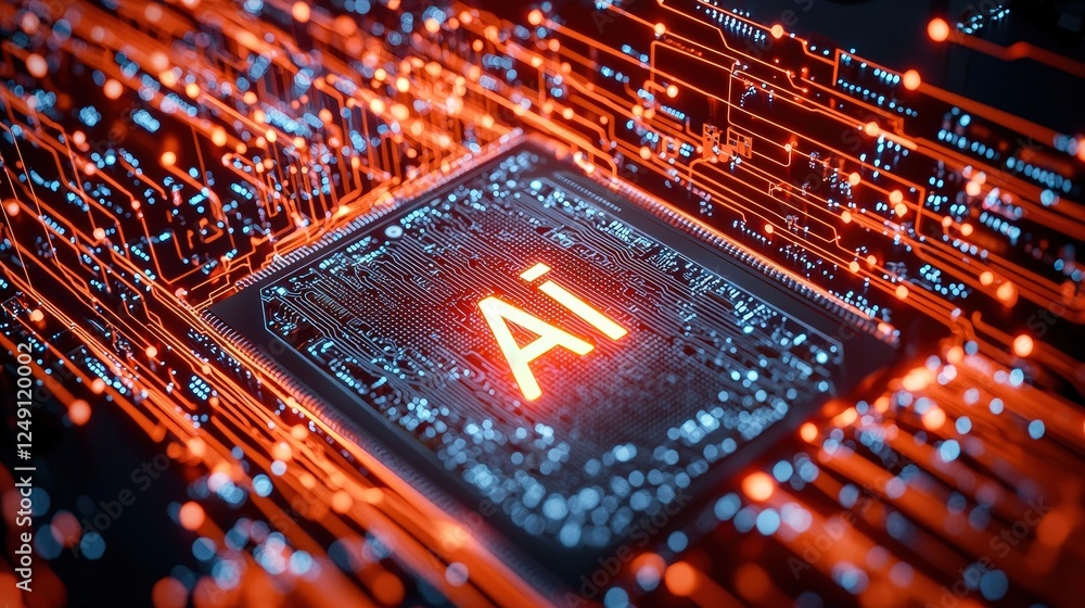 Poster futuristic ai chip design with bright red accents and circuit patterns
