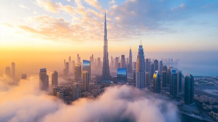 Stunning sunrise cityscape above a sea of clouds.