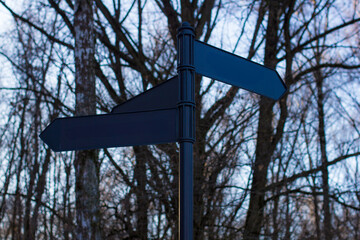 Three direction arrows stand against a backdrop of bare winter trees symbolizing choice and navigation The dark silhouette of the sign contrasts with the light sky, creating a striking visual effect.