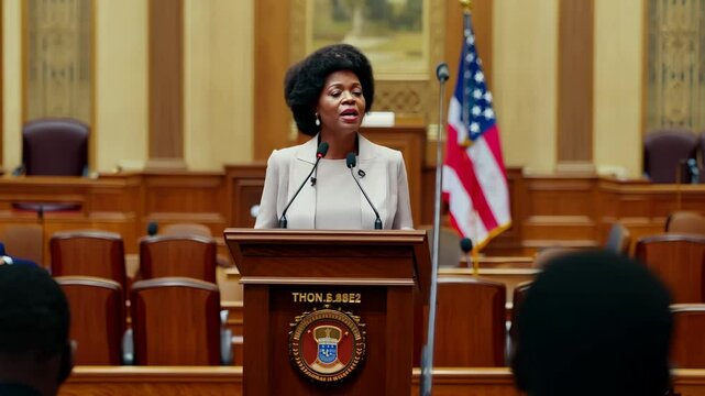 An African American female lawmaker addresses voters at the podium.

