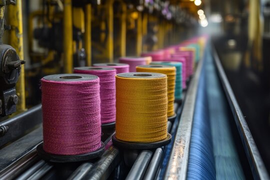 Vibrant yarn spools lined up in a textile factory setting - Powered by Adobe