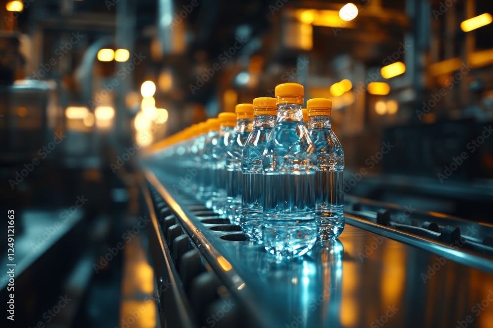 Poster row of water bottles on a conveyor in a factory setting