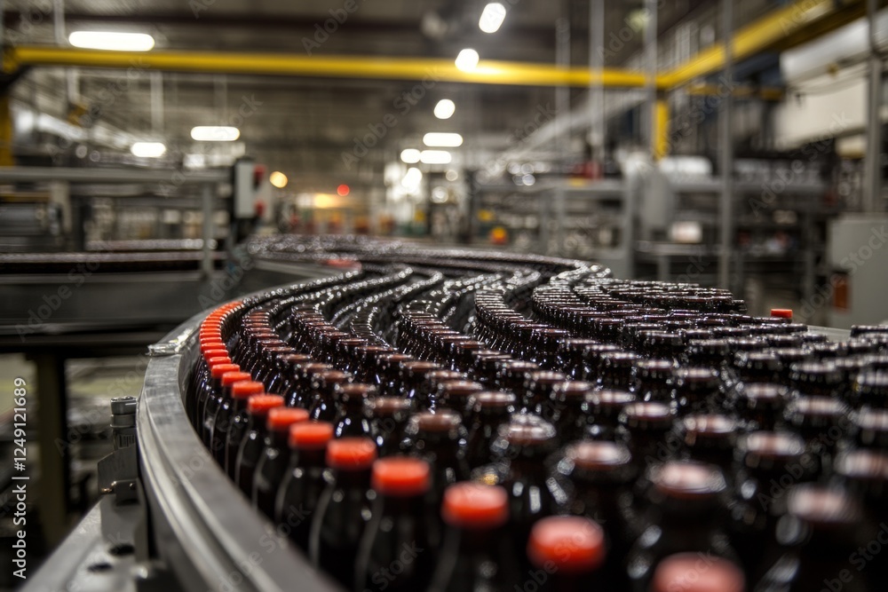 Aufkleber bottles with red caps moving along a conveyor in a busy factory setting