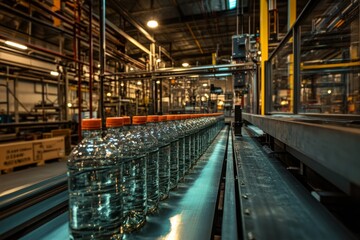 Obraz premium Bottles moving along a conveyor in a busy industrial facility