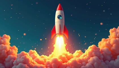 Vibrant Rocket Soars Through Night Sky with Fluffy Clouds and Starlit Backdrop