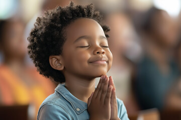 Hopeful African American Boy Praying with a Smile.