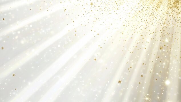 Golden glitter falling, light rays, white background, celebration design - Powered by Adobe