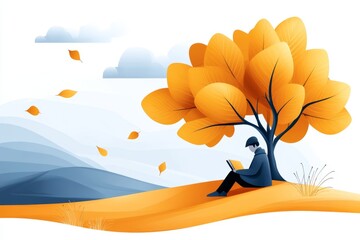 A simple, colorful vector illustration of a poet writing under a tree
