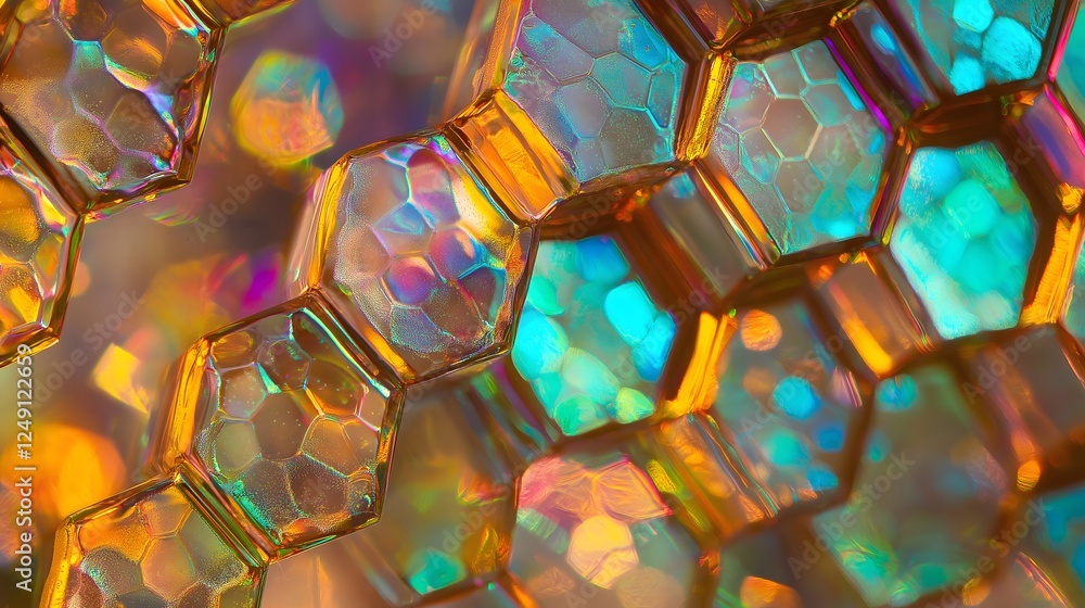 Poster macro honeycomb crystal structure vibrant colors scientific photography organic geometric pattern na