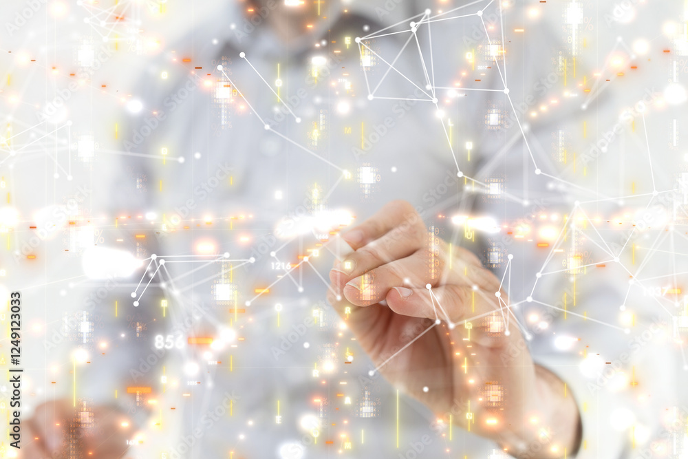 Poster Neural network 3D illustration. Big data and cybersecurity